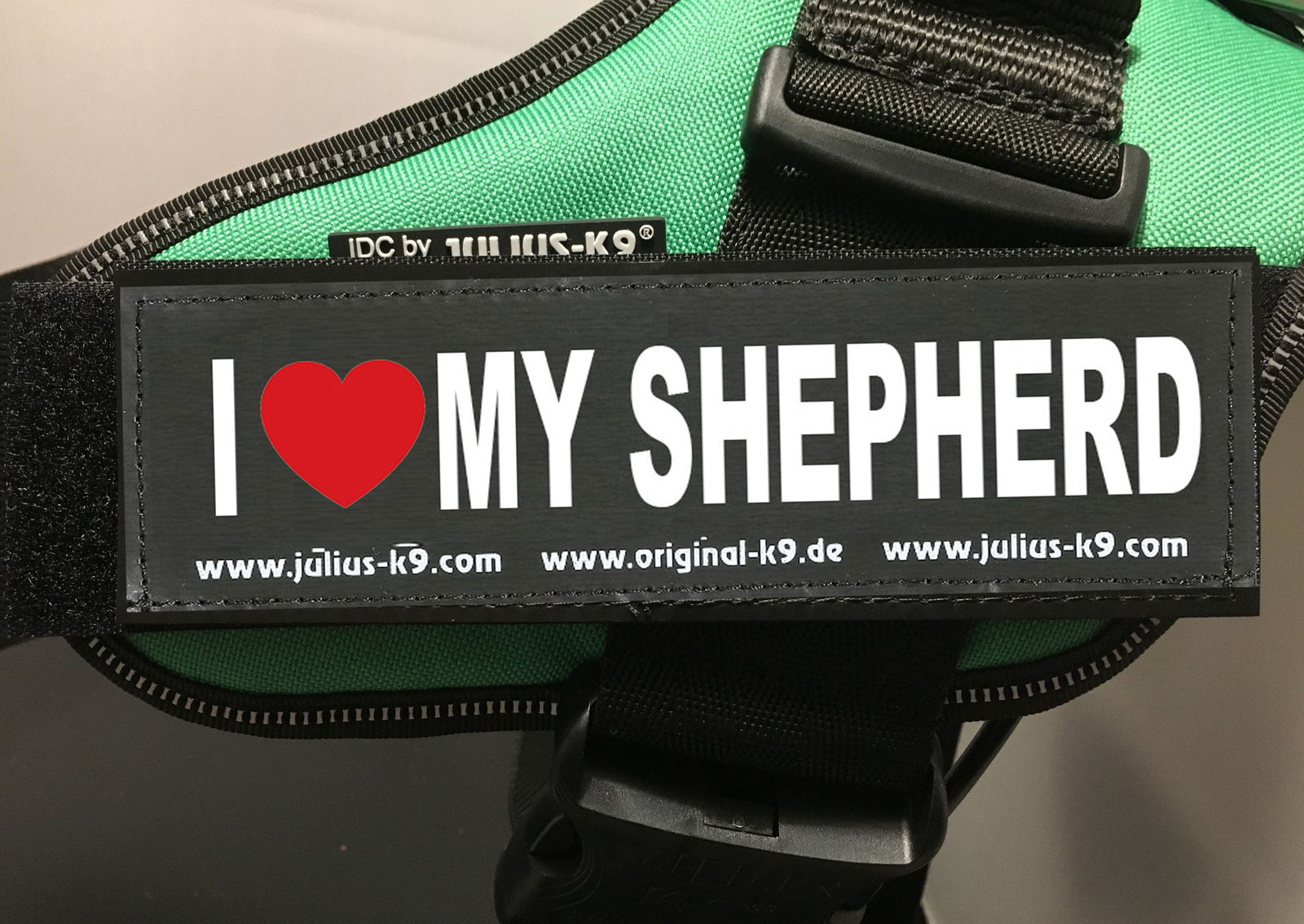 "I LOVE MY SHEPHERD" Large / Small Harness Labels - Set of 2 Labels / patches - JULIUSK9® CANADA