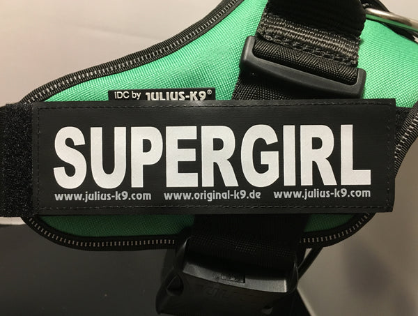 "SUPERGIRL" Large / Small Harness Labels - Set of 2 Labels / patches - JULIUSK9® CANADA